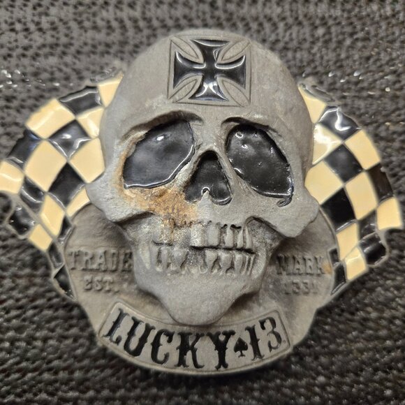 Lucky 13 2004 Belt Buckle Skull Cross Checkered flag with bottle opener - Picture 1 of 2